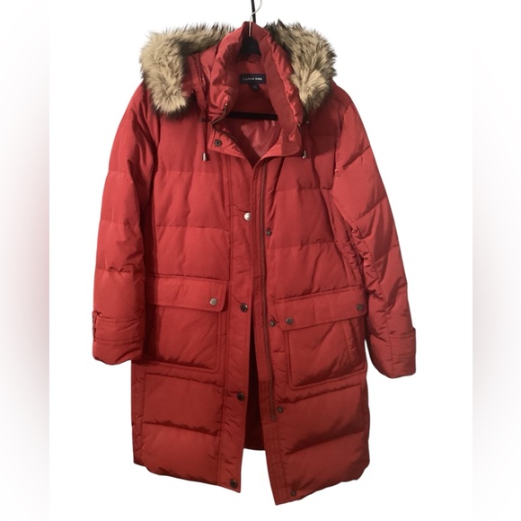 Lands’ End M/P 10-12 Petite Down Parka Red Hooded Fur Trim Puffer - Picture 2 of 6